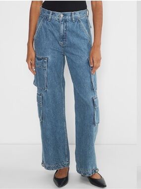 Aritzia 26 Denim Forum The 90’s High-Rise Millie Cargo Jeans in Med Indigo Denim
